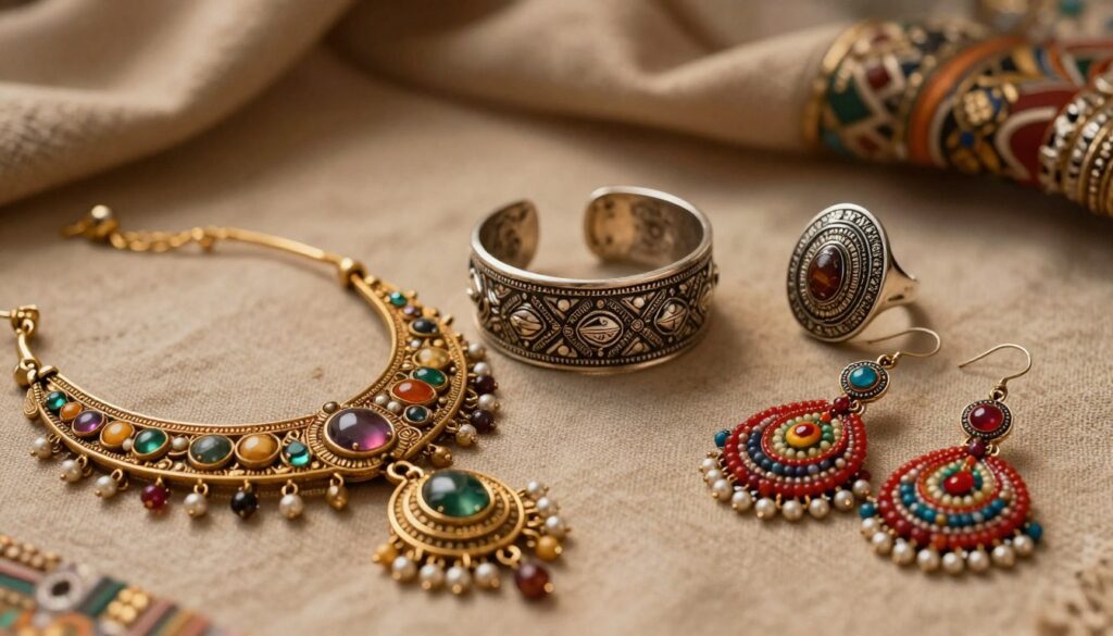 A beautifully arranged collection of cultural jewelry pieces, showcasing intricate designs and craftsmanship. In the foreground, display an ornate gold necklace with gemstones, symbolizing wealth and status. Next to it, a pair of vibrant, handcrafted earrings from a specific cultural tradition. In the middle ground, include a stunning silver bracelet adorned with traditional engravings, and an elaborate ring that showcases regional motifs. The background features soft, blurred elements of a textured fabric, enhancing the elegance of the jewelry. Warm, ambient lighting bathes the scene, creating a rich, inviting atmosphere, with a shallow depth of field to emphasize the details of the pieces. The overall mood conveys reverence for cultural heritage and social significance, inviting viewers to appreciate the stories woven into each item.
