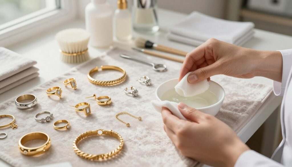 A beautifully arranged display of clean gold and platinum jewelry pieces, such as rings, earrings, and bracelets, elegantly laid out on a soft velvet cloth. In the foreground, a pair of gentle hands, clad in professional attire, is holding a delicate jewelry cleaning cloth and a small bowl filled with a mild cleaning solution. The scene is well-lit with soft, diffused natural light streaming from the left, creating a warm and inviting atmosphere. In the background, a neatly organized array of cleaning supplies, like soft brushes and polishing cloths, is subtly out of focus, enhancing the professionalism of the setting. The overall mood is one of care and expertise, embodying best practices for maintaining precious metals.