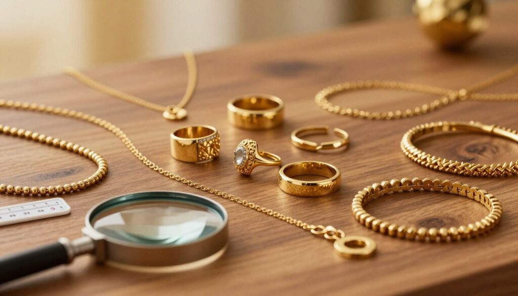 A beautifully arranged display of gold jewelry pieces, featuring a variety of 10k, 14k, 18k, and 24k gold items including rings, necklaces, and bracelets, artistically set on a polished wooden surface. In the foreground, a jeweler’s loupe and a purity testing kit are placed beside the jewelry, symbolizing quality assessment. The middle ground highlights the intricate details of the different gold colors and textures, with warm lighting that enhances their shine. In the background, soft-focus golden hues create an inviting atmosphere, reminiscent of luxury and elegance. The composition captures a sense of sophistication and clarity, ideal for those considering their gold jewelry choices.