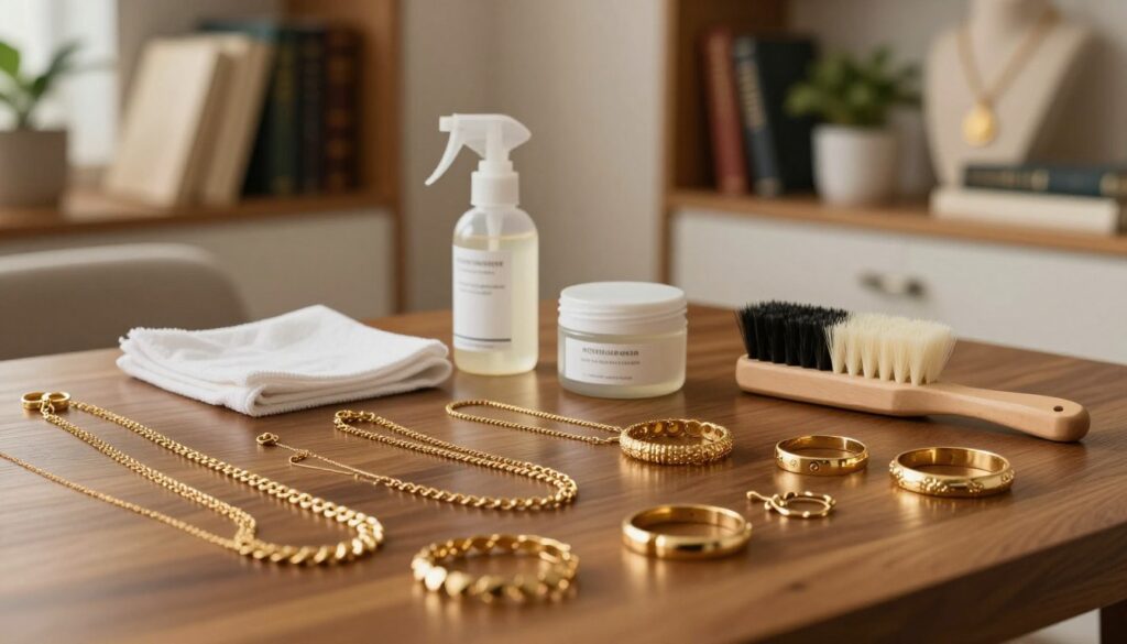 A beautifully arranged display of gold jewelry pieces on a polished wooden table in a softly lit room. In the foreground, a variety of gold necklaces, rings, and bracelets glisten, reflecting the warm light. The middle ground features professional cleaning supplies such as a soft cloth, a small jar of cleaning solution, and a gentle brush, symbolizing care and maintenance. The background includes a cozy, elegant setting with soft-focus bookshelves filled with jewelry-related literature and plants for a touch of greenery. The lighting is warm and inviting, creating a calm and sophisticated atmosphere. The overall mood is one of elegance and professionalism, emphasizing the importance of proper collection care.