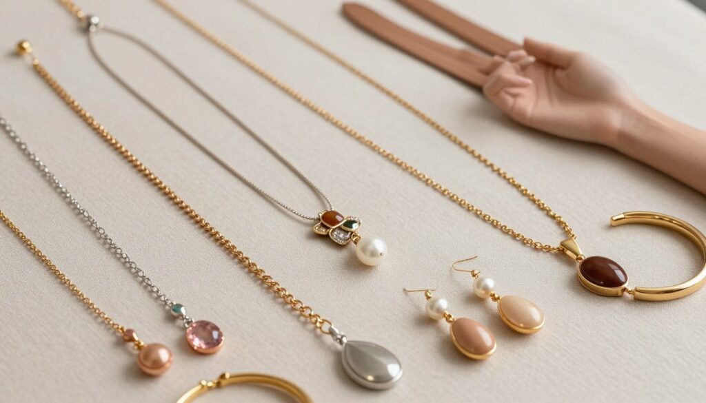 A beautifully arranged display of matching jewelry pieces laid out on a neutral-toned fabric, highlighting a variety of jewelry types such as necklaces, earrings, and bracelets. The jewelry should be diverse in materials—gold, silver, rose gold, and gemstones—each piece reflecting different skin tones, from fair to deep. In the foreground, showcase a set of elegant earrings that complement a light skin tone, while a stylish necklace set should enhance a medium skin tone in the middle ground. The background should feature soft, diffused lighting to create an inviting atmosphere, allowing the jewelry's shine to glimmer subtly. Capture this scene from a slight overhead angle to emphasize the harmony between the jewelry and the skin tones, evoking a sense of elegance and sophistication, suitable for jewelry enthusiasts.