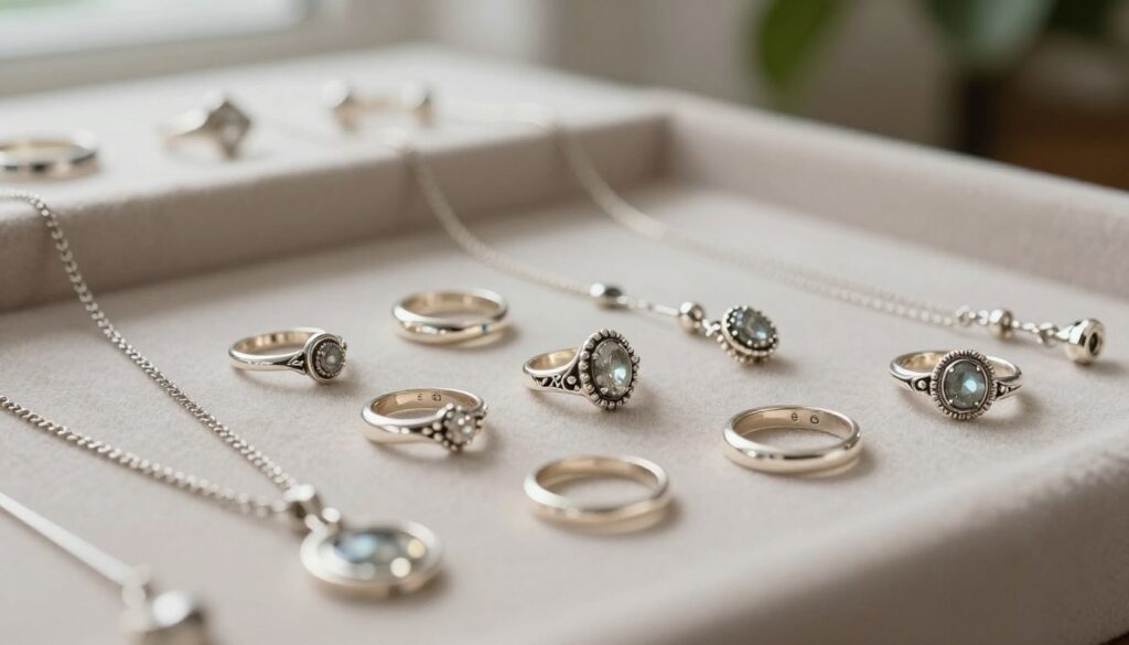 A beautifully arranged display of semi-fine jewelry made from sterling silver, featuring a variety of elegant pieces such as rings, necklaces, and earrings. The jewelry should exhibit intricate designs, showcasing craftsmanship that balances sophistication with everyday wearability. In the foreground, a soft-focus close-up of a delicate silver ring adorned with subtle gemstone accents, capturing the light to enhance its sparkle. The middle ground includes a neatly organized collection of matching silver jewelry pieces, artistically draped over a plush, neutral-toned fabric that adds warmth to the scene. In the background, a blurred, softly illuminated display featuring a hint of greenery, suggesting a serene and inviting atmosphere. The overall mood is elegant and refined, with soft natural lighting to accentuate the shine of the silver and the quality of each piece.