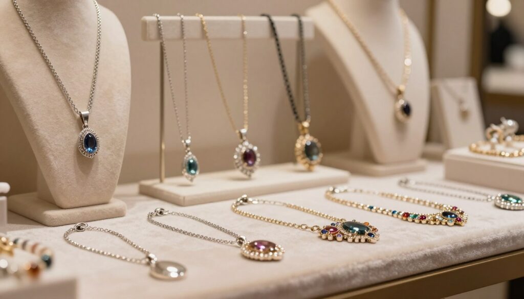 A beautifully arranged display of various necklaces of different lengths, emphasizing the selection process for the right necklace styles. In the foreground, a close-up view showcases a delicate silver pendant necklace and a bold statement piece with colorful gemstones, both elegantly draped over a soft, velvet surface. The middle ground features additional necklaces of varying lengths—choker, princess, and opera styles—hanging gracefully on a stylish jewelry stand. The background is softly blurred, suggesting a serene, upscale boutique ambiance, with warm, diffused lighting to create an inviting atmosphere. The scene conveys a sophisticated mood, and the focus is on the necklaces, with no distractions from any human subjects, text, or logos.