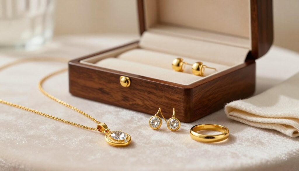 A beautifully arranged scene showcasing a collection of yellow gold jewelry pieces, including a delicate gold necklace with a diamond pendant, a pair of gold earrings, and a stunning gold ring. The foreground features the jewelry displayed on a soft, velvet surface with a subtle shine. In the middle, an elegant, open jewelry box made of rich mahogany holds additional pieces, while a small polishing cloth rests beside it. The background features a softly blurred light-filled environment that evokes a sense of sophistication and warmth. The lighting is soft and diffused, creating gentle reflections on the gold surfaces, enhancing the glow of the jewelry. The overall mood is tranquil and luxurious, symbolizing care and protection for precious items.