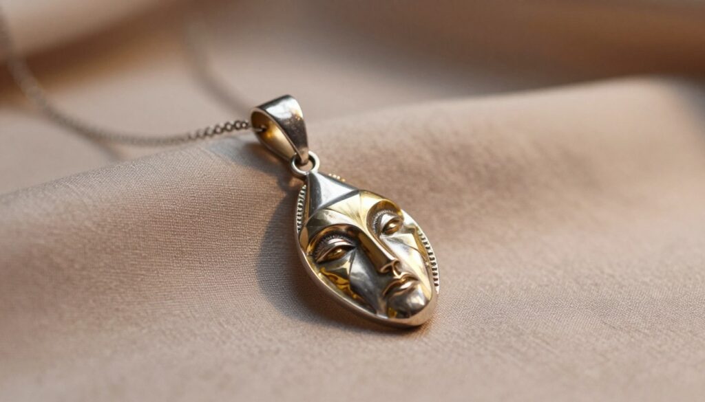 A beautifully crafted personal style pendant, intricately designed with a mix of geometric patterns and organic shapes. The pendant glimmers with a combination of silver and gold tones, capturing light in an elegant play of reflections. In the foreground, the pendant is displayed on a simple, soft fabric background that enhances its shine. The middle scene showcases the pendant resting on a delicate chain, highlighting its unique features and craftsmanship. The background is softly blurred, featuring subtle earthy colors that evoke a sense of harmony and personal connection. The lighting is warm and inviting, casting gentle shadows that add depth to the piece. The overall mood is refined and introspective, inviting viewers to consider how such a piece reflects individuality and personal style.