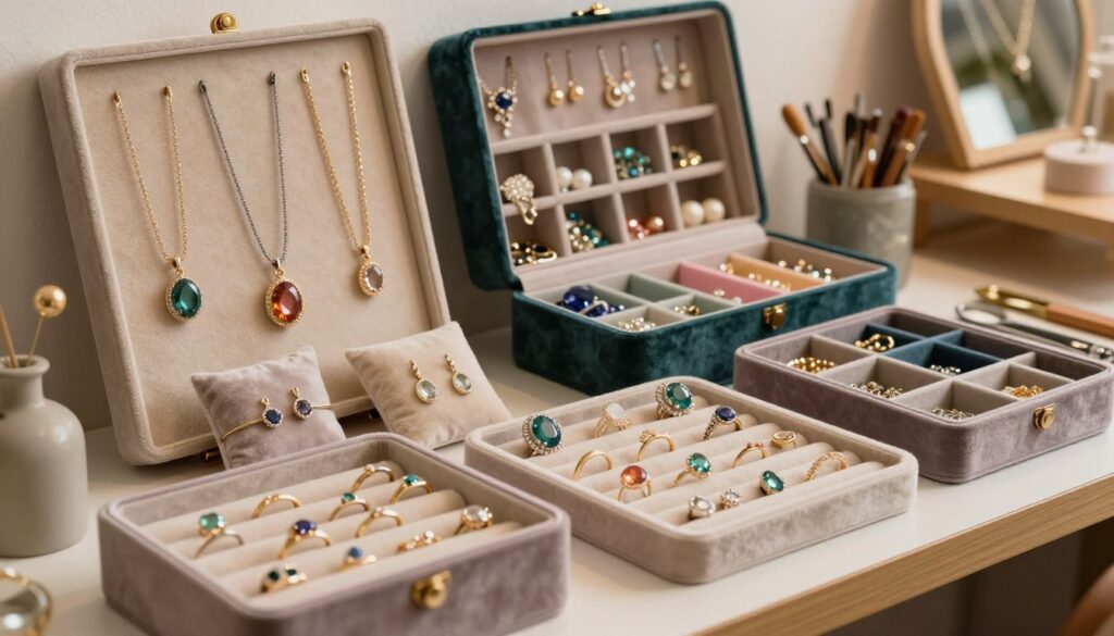 A beautifully organized jewelry storage setup showcasing essential storage solutions for jewelry enthusiasts. In the foreground, display a plush, velvet-lined jewelry box with intricately arranged rings and earrings, some on elegant cushions. In the middle, include a stylish wall-mounted display case featuring necklaces hanging gracefully, alongside compartments filled with various jewelry types, all color-coordinated and neatly arranged. In the background, hint at a soft-focused, warmly lit jewelry workshop environment, with shelves holding additional organizers and tools, creating an inviting atmosphere. The lighting should be soft and warm, emphasizing the sparkle of the gems while creating a cozy, inspiring mood. Capture the image from a slightly elevated angle, providing a clear view of all storage solutions while maintaining a polished, professional aesthetic.