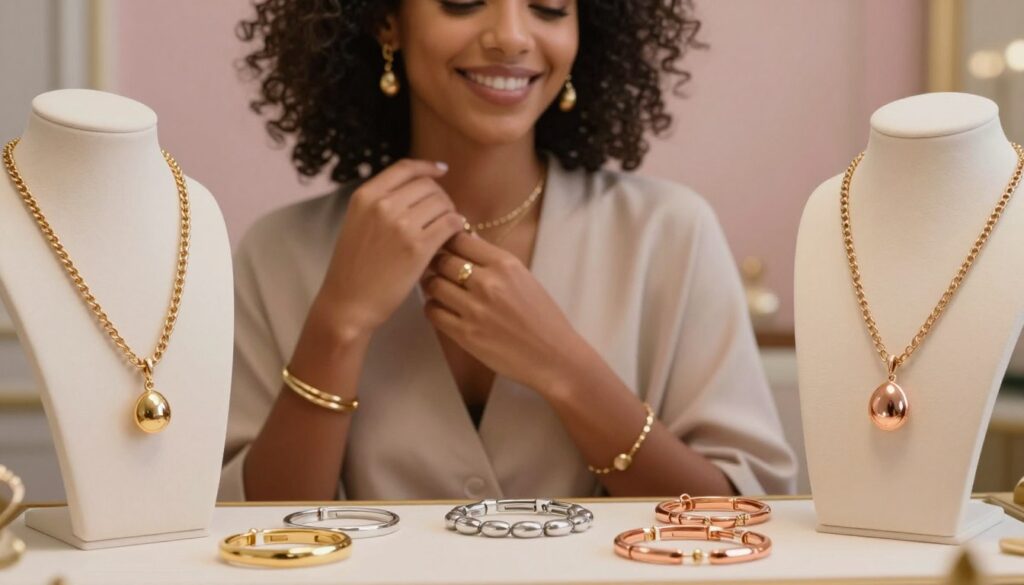 A beautifully styled display of matching jewelry pieces in an elegant setting, showcasing various types of accessories like necklaces, earrings, and bracelets arranged harmoniously. In the foreground, a set of jewelry pieces featuring warm gold tones, cool silver tones, and rose gold, each piece reflecting different skin tones. The middle ground showcases a diverse hand model wearing a subtle and professional outfit, gently touching the jewelry to demonstrate how they complement her medium skin tone, with a soft focus on her smiling face. The background is softly blurred, featuring a pastel-colored wall with delicate textures. The lighting is warm and inviting, creating a cozy atmosphere, with the use of a soft lens to enhance the details in the jewelry.
