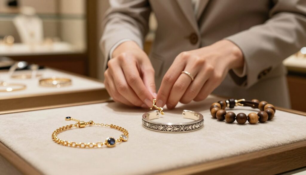 A close-up image of a variety of elegant bracelets displayed on a soft, textured fabric. In the foreground, showcase a delicate gold chain bracelet adorned with small gemstones, a silver cuff bracelet with intricate engravings, and a leather wrap bracelet with wooden beads. The middle layer features a subtle hand gently adjusting the bracelets, wearing a modest, professional outfit, emphasizing the concept of wristwear. In the background, a softly blurred setting of a chic jewelry store is visible, with warm ambient lighting that creates a cozy atmosphere. Use a shallow depth of field to focus on the bracelets, capturing fine details and textures. The overall mood should convey sophistication and elegance, highlighting the beauty of bracelet styles and their importance in jewelry fashion.