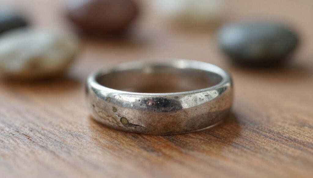 A close-up of a beautifully aged platinum ring, showcasing the intricate details of its patina. The foreground features the ring resting on a polished wooden surface, highlighting its unique, muted sheen and subtle discolorations from years of wear. In the middle ground, soft, diffused natural light gently reflects off the ring, accentuating its organic textures, while a blurred background of softly focused gemstones in earthy tones adds depth. The atmosphere is warm and inviting, evoking nostalgia and the rich history of treasured jewelry. Capture this scene using a shallow depth of field to bring the ring into sharp focus, emphasizing its character and the beauty of natural aging.