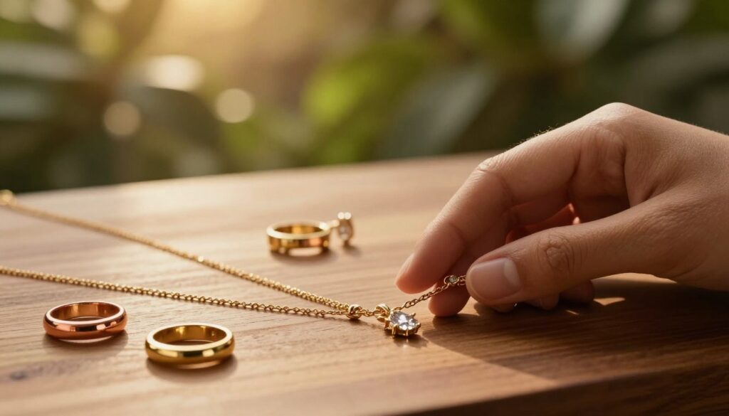 A close-up of elegantly displayed jewelry pieces suited for warm skin tones, including gold and copper rings, necklaces, and earrings, artistically arranged atop a smooth wooden surface. In the foreground, a hand with warm skin tones gently touches a delicate gold necklace, adorned with shimmering gemstones that reflect soft light. The middle layer showcases a beautifully blurred background of lush greenery and soft, golden sunlight filtering through leaves, creating a warm and inviting atmosphere. The lighting is soft and warm, highlighting the textures and colors of the jewelry. The overall mood is sophisticated and serene, ideal for a guide on selecting metals for warm skin tones, with a focus on elegance and harmony. A close-up of elegantly displayed jewelry pieces suited for warm skin tones, including gold and copper rings, necklaces, and earrings, artistically arranged atop a smooth wooden surface. In the foreground, a hand with warm skin tones gently touches a delicate gold necklace, adorned with shimmering gemstones that reflect soft light. The middle layer showcases a beautifully blurred background of lush greenery and soft, golden sunlight filtering through leaves, creating a warm and inviting atmosphere. The lighting is soft and warm, highlighting the textures and colors of the jewelry. The overall mood is sophisticated and serene, ideal for a guide on selecting metals for warm skin tones, with a focus on elegance and harmony.