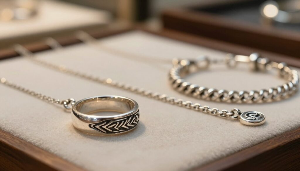 A close-up view of a beautifully crafted piece of sterling silver jewelry, highlighting its subtle sheen and intricate details. The foreground features a finely designed silver ring with delicate engravings and a polished surface, catching the light in a soft glow. In the middle, a small array of sterling silver chains and delicate bracelets are elegantly arranged, showcasing the versatility of this metal in various styles. The background includes a blurred setting of a jewelry display, with warm, ambient lighting that enhances the elegance and sophistication of the silver pieces. The atmosphere is luxurious and inviting, perfect for illustrating the beauty of sterling silver as a popular jewelry material. A close-up view of a beautifully crafted piece of sterling silver jewelry, highlighting its subtle sheen and intricate details. The foreground features a finely designed silver ring with delicate engravings and a polished surface, catching the light in a soft glow. In the middle, a small array of sterling silver chains and delicate bracelets are elegantly arranged, showcasing the versatility of this metal in various styles. The background includes a blurred setting of a jewelry display, with warm, ambient lighting that enhances the elegance and sophistication of the silver pieces. The atmosphere is luxurious and inviting, perfect for illustrating the beauty of sterling silver as a popular jewelry material.