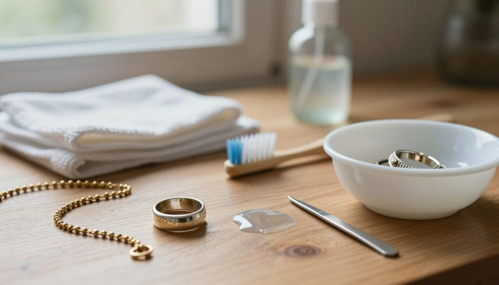 A close-up view of a cluttered jewelry cleaning setup on a wooden table. In the foreground, display various common cleaning mistakes: an over-scratched silver ring, a tarnished gold necklace with cleaning fluid spilling nearby, and a piece of jewelry incorrectly placed in a bowl of harsh cleaner. In the middle, include a set of soft cloths and an old toothbrush, symbolizing improper tools. In the background, a well-lit window allowing natural light to illuminate the scene, creating a soft, inviting atmosphere. The focus should be sharp on the jewelry and cleaning tools while gently blurring the background to enhance depth. The mood is cautionary yet informative, perfect for educational purposes.