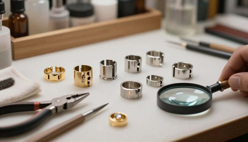 A close-up view of a jeweler’s workbench, showcasing a variety of intricate clasps and settings in various stages of craftsmanship. In the foreground, detailed tools like pliers, a magnifying glass, and a polishing cloth are arranged neatly beside a gold setting with a sparkling gemstone. The middle features a selection of clasps, some open and some closed, highlighting their designs and mechanisms, with brushed and shiny metal finishes contrasting beautifully. The background blurs softly to reveal a warm-lit workshop ambiance with shelves lined with jewelry-making supplies. Soft, diffused lighting enhances the textures and details, evoking a professional atmosphere focused on precision and artistry in jewelry assembly. A close-up view of a jeweler’s workbench, showcasing a variety of intricate clasps and settings in various stages of craftsmanship. In the foreground, detailed tools like pliers, a magnifying glass, and a polishing cloth are arranged neatly beside a gold setting with a sparkling gemstone. The middle features a selection of clasps, some open and some closed, highlighting their designs and mechanisms, with brushed and shiny metal finishes contrasting beautifully. The background blurs softly to reveal a warm-lit workshop ambiance with shelves lined with jewelry-making supplies. Soft, diffused lighting enhances the textures and details, evoking a professional atmosphere focused on precision and artistry in jewelry assembly.