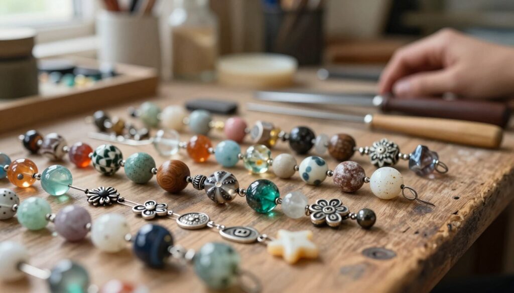 A close-up view of an assortment of colorful beads and charms scattered across a rustic wooden table. In the foreground, showcase a variety of beads made from materials like glass, wood, and stone, exhibiting unique textures and patterns. Some beads should be spherical, others shaped like flowers or stars, glimmering subtly under soft natural light. In the middle ground, include small metallic charms, intricately designed with floral motifs and symbols, nestled among the beads. The background should feature a blurred artisan workshop filled with tools and crafting materials, creating a warm and inviting atmosphere. Use a shallow depth of field to focus on the beads while gently blurring the surroundings, evoking a sense of creativity and craftsmanship. A close-up view of an assortment of colorful beads and charms scattered across a rustic wooden table. In the foreground, showcase a variety of beads made from materials like glass, wood, and stone, exhibiting unique textures and patterns. Some beads should be spherical, others shaped like flowers or stars, glimmering subtly under soft natural light. In the middle ground, include small metallic charms, intricately designed with floral motifs and symbols, nestled among the beads. The background should feature a blurred artisan workshop filled with tools and crafting materials, creating a warm and inviting atmosphere. Use a shallow depth of field to focus on the beads while gently blurring the surroundings, evoking a sense of creativity and craftsmanship.