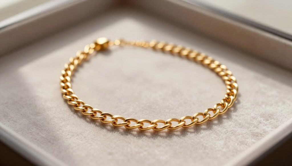 A close-up view of an exquisite gold necklace resting elegantly on a soft velvet surface. The necklace is intricately designed with delicate links that catch the light beautifully, showcasing a radiant shine. Soft, diffused natural light illuminates the scene from the left, creating subtle highlights and soft shadows that enhance the texture of the gold. In the background, a blurred-out jewelry box hints at the necklace's storage while maintaining focus on the necklace's brilliance. The atmosphere is warm and inviting, evoking a sense of luxury and care. The camera angle is slightly tilted to emphasize the necklace’s intricate details and the rich color of the gold. No any other artifacts or distractions, ensuring a polished and pure representation of the piece.