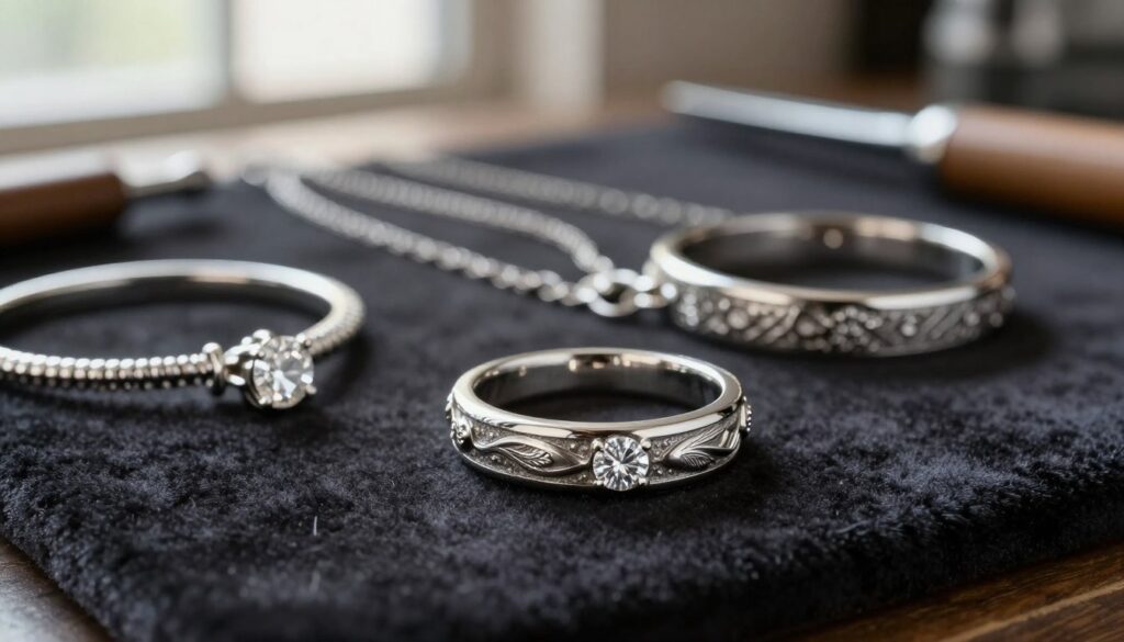 A close-up view of exquisite platinum jewelry pieces, showcasing their long-lasting durability. In the foreground, a finely crafted platinum ring with intricate engravings and a brilliant diamond, reflecting the light in a soft glow. In the middle ground, a selection of elegant platinum bracelets and necklaces are artfully arranged on a dark velvet surface. The background features a blurred workshop ambiance, hinting at expert craftsmanship with tools and sunlight streaming through a window, adding warmth to the scene. The overall mood is one of sophistication and timelessness, emphasizing the enduring quality of platinum as a luxurious material. The image is lit with soft, diffused lighting to highlight the metallic sheen and details, captured with a shallow depth of field for a polished, professional look.