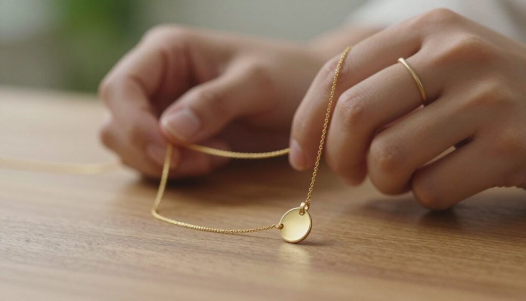 A delicate gold vermeil necklace, featuring a minimalist design with a subtle pendant that glistens softly in natural light. The foreground showcases the necklace intricately draped over a smooth wooden surface, emphasizing its sleek lines and fine craftsmanship. In the middle ground, a soft-focus view of elegant hands, maybe adorned with a simple ring, gently adjusting the necklace, conveying a sense of care and style. The background is softly blurred, hinting at a serene indoor setting with hints of greenery, casting a warm, inviting atmosphere. The lighting is soft and natural, enhancing the gold tones and creating a luxurious yet approachable feel, perfect for illustrating the beauty of minimalist jewelry.