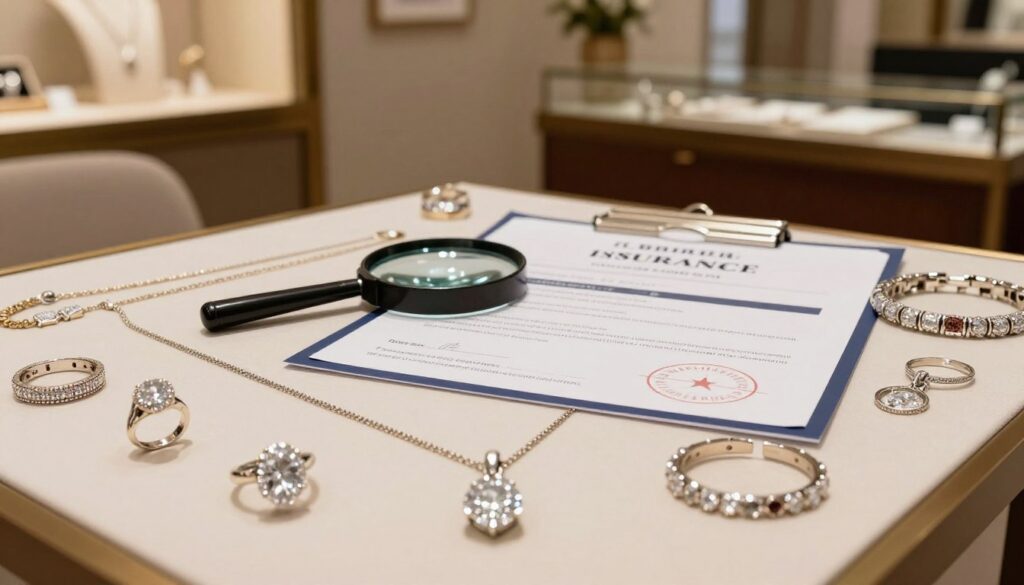 A luxurious jewelry display table as the foreground, showcasing an array of sparkling rings, necklaces, and bracelets, with a focus on a gleaming diamond pendant. In the middle ground, featured prominently, are a magnifying glass and a jewelry appraisal certificate, symbolizing insurance and protection. In the background, a warm, softly lit room filled with elegant decor, hinting at a jewelry shop or a cozy office environment. The lighting is soft and inviting, creating a feeling of security and trust. The atmosphere is one of sophistication and care, ideally captured from a slightly elevated angle to encompass both the jewelry and the appraisal materials, emphasizing the importance of jewelry insurance and repairs in the buying process.