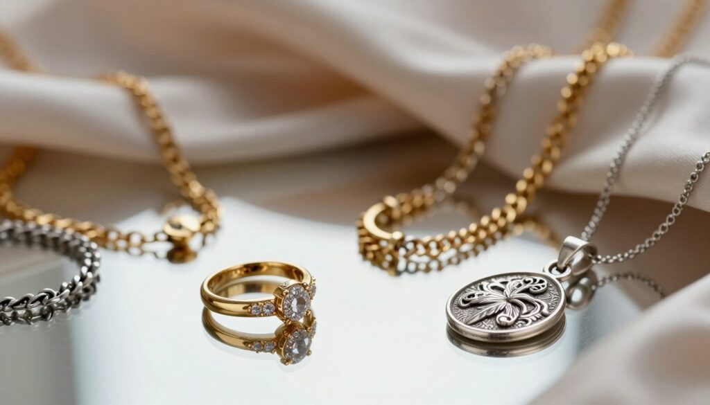 A luxurious still life composition featuring gold and silver jewelry pieces intricately arranged on a reflective surface. In the foreground, a dazzling gold ring with sparkling diamonds glistens alongside a delicate silver pendant with intricate engravings. In the middle ground, a variety of gold and silver necklaces gently drape, showcasing their contrasting textures and shine. The background features softly blurred silk fabric, in warm and cool tones, enhancing the elegance of the jewelry. The image is lit with soft, diffused natural light, creating a warm, inviting atmosphere and subtle shadows that add depth. Capture the intricate details of the jewelry with a macro lens, focusing on the interplay of light and texture, evoking a mood of sophistication and luxury.