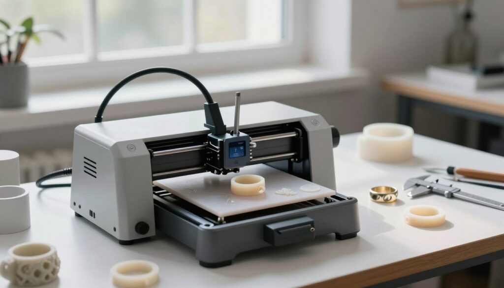 A sleek and modern workspace showcasing a CAD wax printing setup for jewelry design. In the foreground, view a detailed CAD wax printer, surrounded by intricate wax models of rings and pendants in various stages of creation. The middle ground features a well-organized workbench with tools such as calipers and carving instruments, emphasizing precision in the design process. In the background, soft, natural lighting illuminates the scene from a large window, casting gentle shadows that highlight the textures of the wax. The atmosphere is focused and innovative, capturing the essence of technical craftsmanship in jewelry making. A shallow depth of field blurs the background slightly, drawing attention to the detailed printing process and the exquisite details of the wax models.