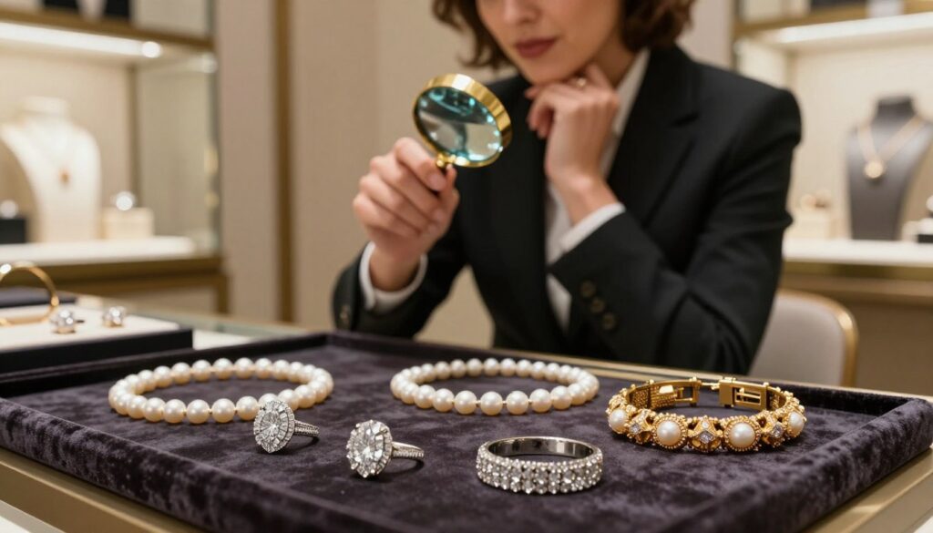 A sophisticated jewelry display centered in the foreground, showcasing exquisite fine jewelry pieces like diamond rings, pearl necklaces, and gold bracelets, artfully arranged on a luxurious velvet fabric. In the middle ground, a stylishly dressed person, wearing professional business attire, evaluates the jewelry with a thoughtful expression, perhaps holding a magnifying glass to inspect details. The background features a softly lit upscale jewelry store, with elegant glass display cases reflecting the warm, inviting ambient light. The atmosphere conveys a sense of luxury and investment, evoking feelings of aspiration and importance. The composition should be shot from a slight angle to give depth, with an emphasis on clarity and detail of the jewelry, capturing its sparkle and craftsmanship.