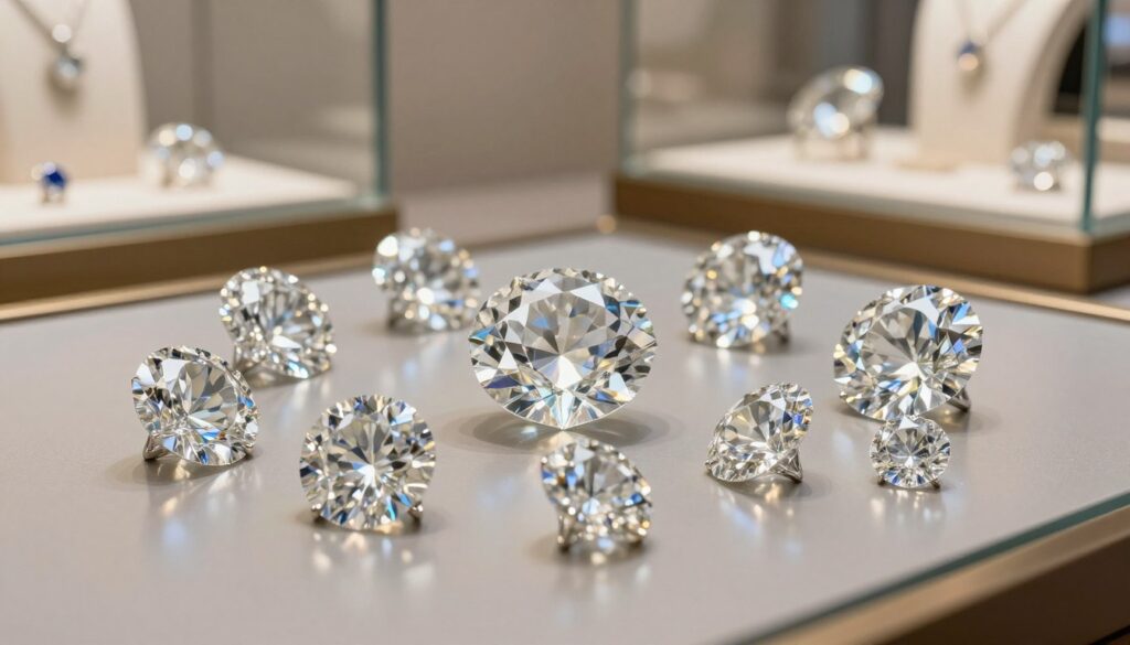 A stunning arrangement of sparkling diamond gemstones, prominently displayed in the foreground, showcasing their brilliant cuts and clarity. The diamonds are set against a sleek, reflective surface that enhances their luminosity, creating a captivating play of light. In the background, a soft-focus display of elegant jewelry cases filled with assorted gemstones, subtly illuminated by warm, natural lighting to create an inviting atmosphere. The scene is captured from a slight overhead angle, allowing viewers to appreciate the craftsmanship and details of the diamonds. The overall mood is sophisticated and luxurious, embodying the essence of high-quality jewelry evaluation.