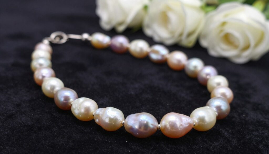 A stunning baroque pearl necklace takes center stage, featuring irregularly shaped, lustrous pearls in shades of cream, soft pink, and muted lavender. The necklace drapes gracefully over a smooth, dark velvet surface, accentuating its elegance. In the background, a blurred soft-focus display of bright white roses creates a romantic atmosphere, hinting at timeless beauty. The lighting is soft, with warm highlights illuminating the pearls’ unique surfaces, while gentle shadows add depth. The scene is captured from a slight angle, emphasizing the necklace’s form and the intricacy of the pearls. The mood is sophisticated yet inviting, representing the modern renaissance of baroque pearls as a staple for everyday luxury.