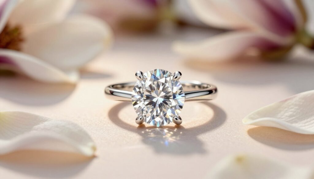 A stunning diamond ring takes center stage in this image, set against a softly blurred background that suggests a luxurious dressing table. The ring, featuring a brilliant cut diamond that sparkles with multi-faceted reflections, is fashioned from white gold, enhancing its elegance. Surrounding the ring are delicate magnolia petals, adding a touch of natural beauty and softness. The lighting is warm and inviting, with a slight spotlight effect that highlights the diamond’s brilliance, creating shimmering reflections. The overall atmosphere conveys sophistication and romance, perfectly capturing the essence of how diamonds symbolize love and commitment in modern culture. The angle is a close-up shot to emphasize the details of the ring while maintaining a shallow depth of field for a dreamy quality.