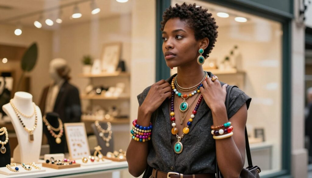 A stylish individual confidently showcases their unique jewelry choices, standing in a well-lit urban setting. In the foreground, a fashionable person of diverse descent wears a chic outfit that complements their skin tone, adorned with an array of colorful, eye-catching jewelry pieces—necklaces, bracelets, and earrings that reflect their personal style. The middle ground features a softly blurred boutique backdrop filled with various jewelry displays, emphasizing a curated collection of accessories. The lighting casts a warm, inviting glow, creating an atmosphere that exudes creativity and self-expression. Shot from a slightly low angle with a 50mm lens, the image captures the essence of prioritizing personal style over traditional jewelry norms, celebrating individuality. A stylish individual confidently showcases their unique jewelry choices, standing in a well-lit urban setting. In the foreground, a fashionable person of diverse descent wears a chic outfit that complements their skin tone, adorned with an array of colorful, eye-catching jewelry pieces—necklaces, bracelets, and earrings that reflect their personal style. The middle ground features a softly blurred boutique backdrop filled with various jewelry displays, emphasizing a curated collection of accessories. The lighting casts a warm, inviting glow, creating an atmosphere that exudes creativity and self-expression. Shot from a slightly low angle with a 50mm lens, the image captures the essence of prioritizing personal style over traditional jewelry norms, celebrating individuality.