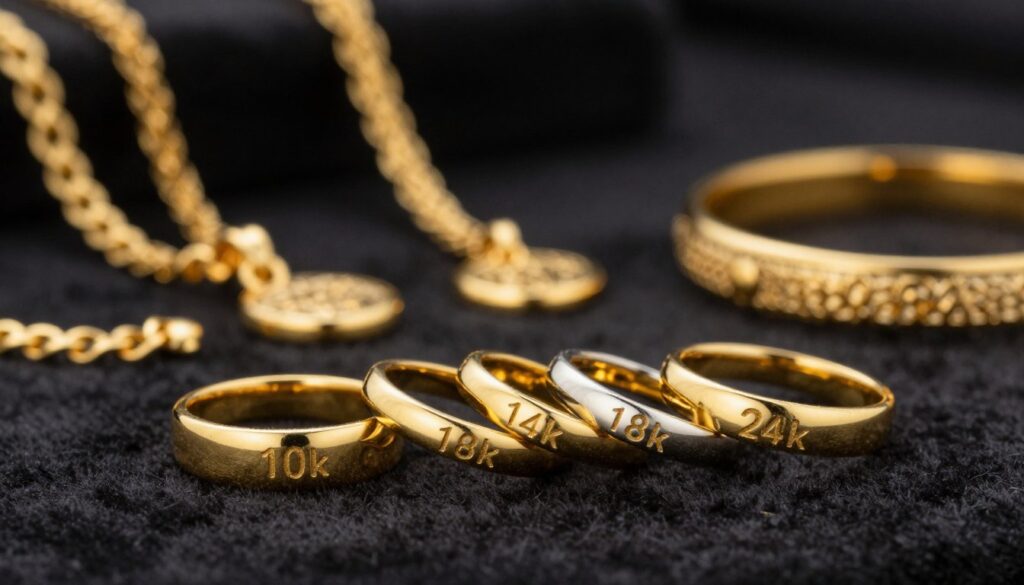 A visually engaging composition showcasing various gold karat standards: in the foreground, a series of gold rings, each labeled clearly with their karat markings (10k, 14k, 18k, 24k), well-crafted and gleaming in rich tones of yellow and white gold. In the middle ground, a soft-focus display of gold jewelry pieces like necklaces and bracelets, complementing the rings while exhibiting their distinct hues. The background features an elegant, dark velvet backdrop that enhances the gold's luster, with gentle, diffused lighting casting soft highlights on the jewelry to emphasize purity and quality. The atmosphere is informative yet sophisticated, inviting viewers to appreciate the nuances of gold purity standards. Use a standard lens with a shallow depth of field for a refined focus on the rings while gently blurring the middle ground.