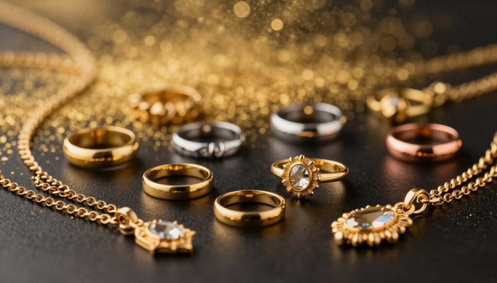 A visually striking array of gold color variations displayed artistically on a polished black surface, with rich textures showcasing yellow gold, white gold, and rose gold, accentuated by subtle light reflections. In the foreground, intricately designed gold jewelry pieces, such as rings and necklaces, are elegantly arranged, highlighting their unique hues and finishes. The middle ground features a soft-focus backdrop of blurred, shimmering gold dust or powder, creating a luxurious, ethereal ambiance. The lighting is warm and inviting, casting gentle highlights and shadows to enhance the depth of the metals. The overall mood is opulent and sophisticated, evoking a sense of elegance that reflects the beauty of gold jewelry.