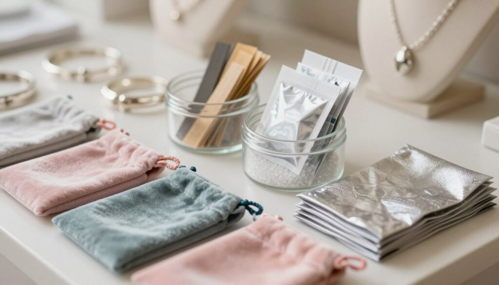A visually striking composition showcasing various anti-tarnish materials for jewelry preservation. In the foreground, a selection of soft, velvet pouches in pastel colors, neatly arranged alongside silver polishing cloths. The middle ground features a clear container filled with anti-tarnish strips and silica gel packets, emphasizing their functional role in preventing tarnish. In the background, a softly blurred display of shimmering silver and gold jewelry, reflecting warm, natural light that highlights their brilliance. The atmosphere is calm and organized, evoking a sense of care and protection for jewelry collections. Use soft, diffused lighting to enhance the textures of the materials and create a welcoming ambiance. The composition should be shot from a slightly elevated angle to capture all elements harmoniously.