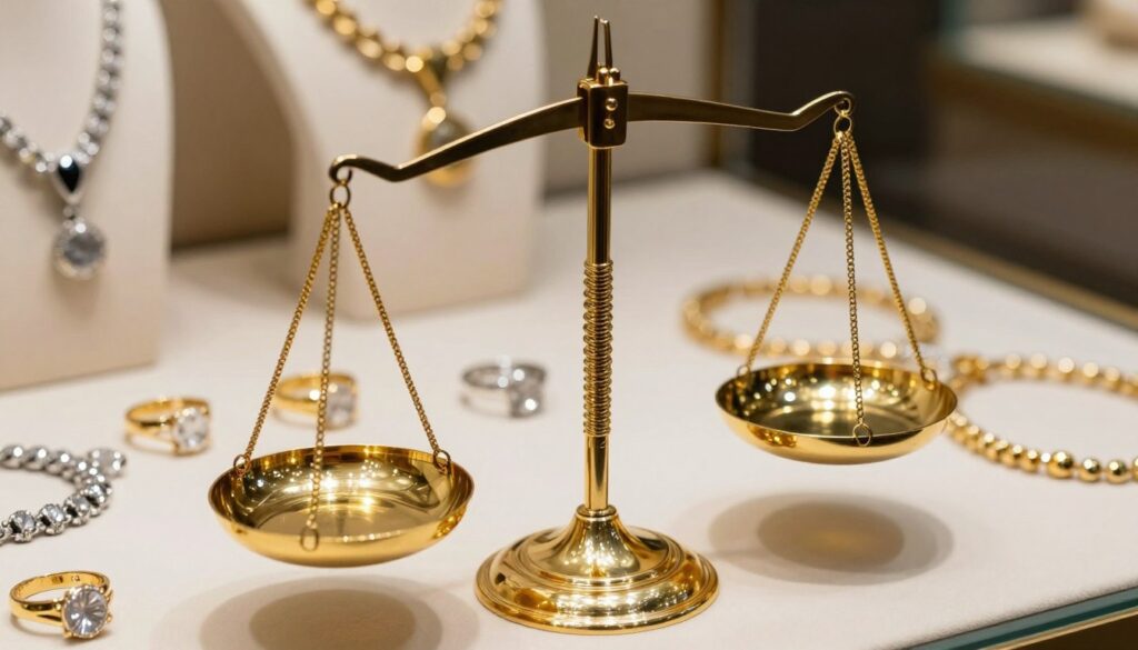 A visually striking representation of the gold-silver ratio, featuring an elegant balance scale in the foreground, delicately poised with glimmering gold on one side and lustrous silver on the other. In the middle ground, include glitzy jewelry pieces, such as rings and necklaces, artistically arranged to highlight their glittering surfaces. The background should showcase a soft-focus jewelry display, enhancing the allure and sophistication of the scene. Use warm, inviting lighting to create a luxurious atmosphere, capturing the shine and richness of the metals. The composition should be shot from a slightly elevated angle, emphasizing the scale and jewelry without distractions. The overall mood should be one of elegance and refinement, enticing the viewer into the world of jewelry value and choices.