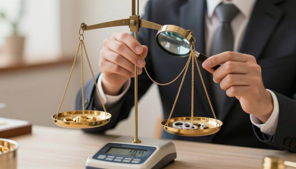 A well-lit jewelry assessment scene featuring a close-up of a balanced scale weighing gold and silver jewelry pieces. In the foreground, a finely detailed digital scale displays delicate gold and silver items on its tray, showcasing their unique textures and hues. In the middle ground, a person wearing professional attire—perhaps a suit or smart business casual—gently holds a gold chain, inspecting it with a magnifying glass, symbolizing careful examination. The background is softly blurred to emphasize the focus on the jewelry and the scale, with a warm, inviting light bathing the entire scene, creating a trustworthy and professional atmosphere that conveys precision and authenticity in jewelry assessment. A well-lit jewelry assessment scene featuring a close-up of a balanced scale weighing gold and silver jewelry pieces. In the foreground, a finely detailed digital scale displays delicate gold and silver items on its tray, showcasing their unique textures and hues. In the middle ground, a person wearing professional attire—perhaps a suit or smart business casual—gently holds a gold chain, inspecting it with a magnifying glass, symbolizing careful examination. The background is softly blurred to emphasize the focus on the jewelry and the scale, with a warm, inviting light bathing the entire scene, creating a trustworthy and professional atmosphere that conveys precision and authenticity in jewelry assessment.