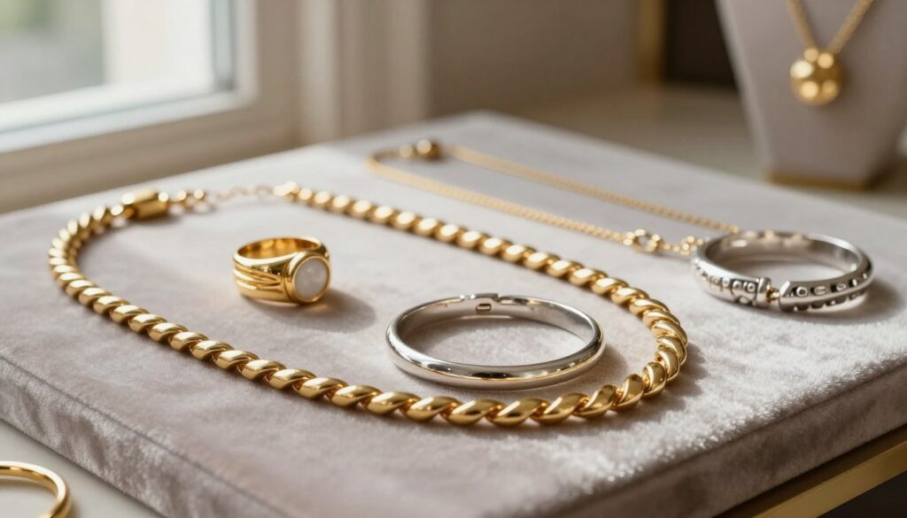 An elegant jewelry display featuring a stunning arrangement of gold and sterling silver pieces, including rings, bracelets, and necklaces. In the foreground, focus on a richly textured gold necklace intertwined with a sleek sterling silver bracelet, catching the light. The middle ground showcases more jewelry pieces, elegantly draped across a luxurious velvet surface. A soft, diffused natural light illuminates the scene from a left-side window, enhancing the warm glow of the gold and the cool sheen of the silver. The background is softly blurred, hinting at a sophisticated boutique setting with hints of delicate decorations. The overall mood conveys a sense of refinement and choice, highlighting the distinctive beauty of each metal tone for jewelry selection.